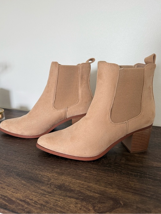 Shoes - Tan Faux Suede Pointed Toe Chelsea Ankle Boots Block Heel 9